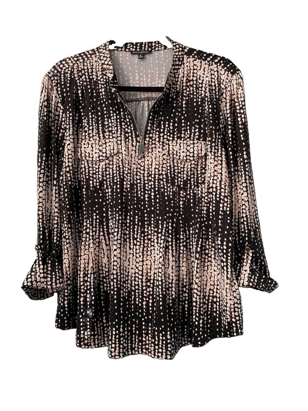 Ava & Grace Women's XL Blouse 1/4 Zip 3/4 Roll Tab Sleeve Abstract Dot Shirt